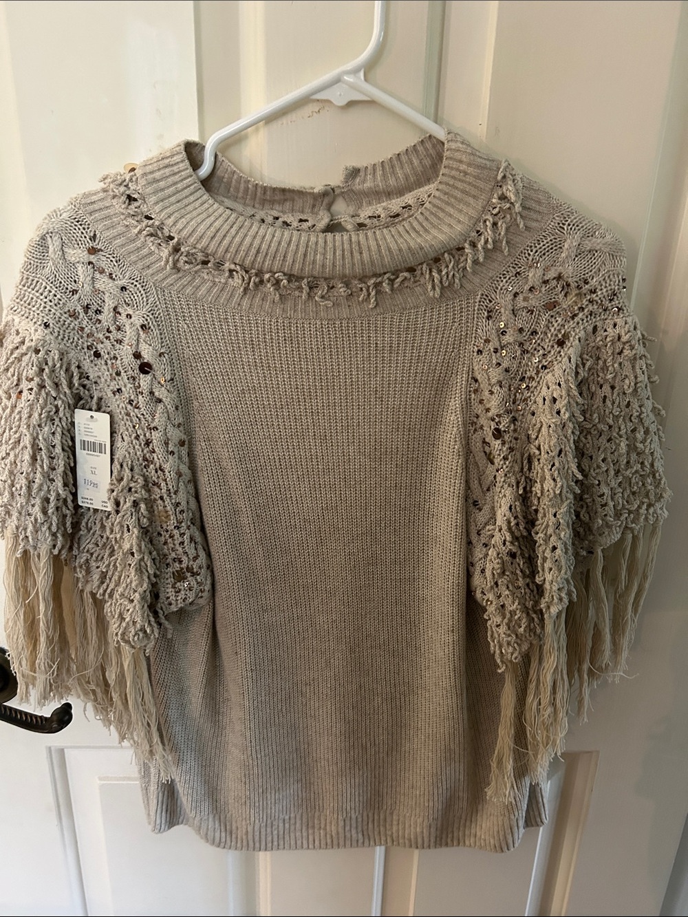 Anthropologie Cream Fringe Open-Knit Crew Sweater